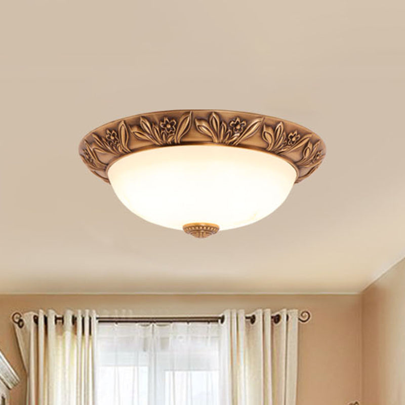 Cream Glass Bronze Flush Mount Light Flower/Leaf/Floral-Trimmed Bowl Traditional LED Ceiling Light Fixture, 12"/16" W Clearhalo 'Ceiling Lights' 'Close To Ceiling Lights' 'Close to ceiling' 'Flush mount' Lighting' 1972039