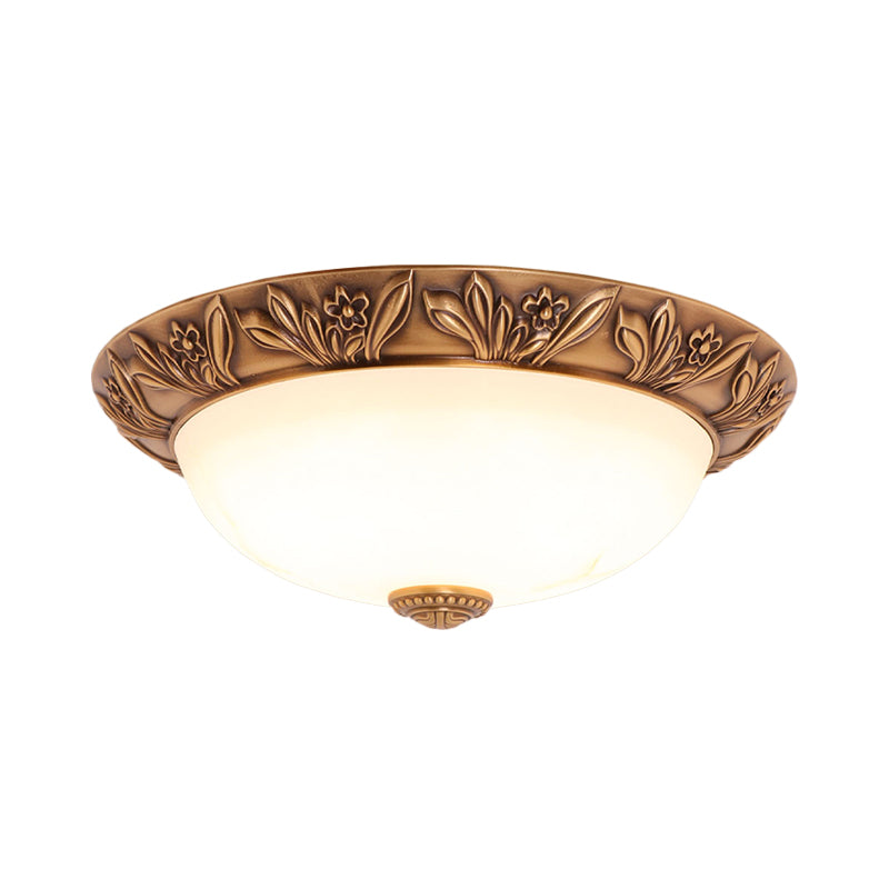 Cream Glass Bronze Flush Mount Light Flower/Leaf/Floral-Trimmed Bowl Traditional LED Ceiling Light Fixture, 12"/16" W Clearhalo 'Ceiling Lights' 'Close To Ceiling Lights' 'Close to ceiling' 'Flush mount' Lighting' 1972040