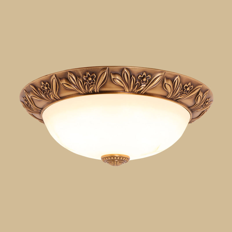 Cream Glass Bronze Flush Mount Light Flower/Leaf/Floral-Trimmed Bowl Traditional LED Ceiling Light Fixture, 12"/16" W Clearhalo 'Ceiling Lights' 'Close To Ceiling Lights' 'Close to ceiling' 'Flush mount' Lighting' 1972041