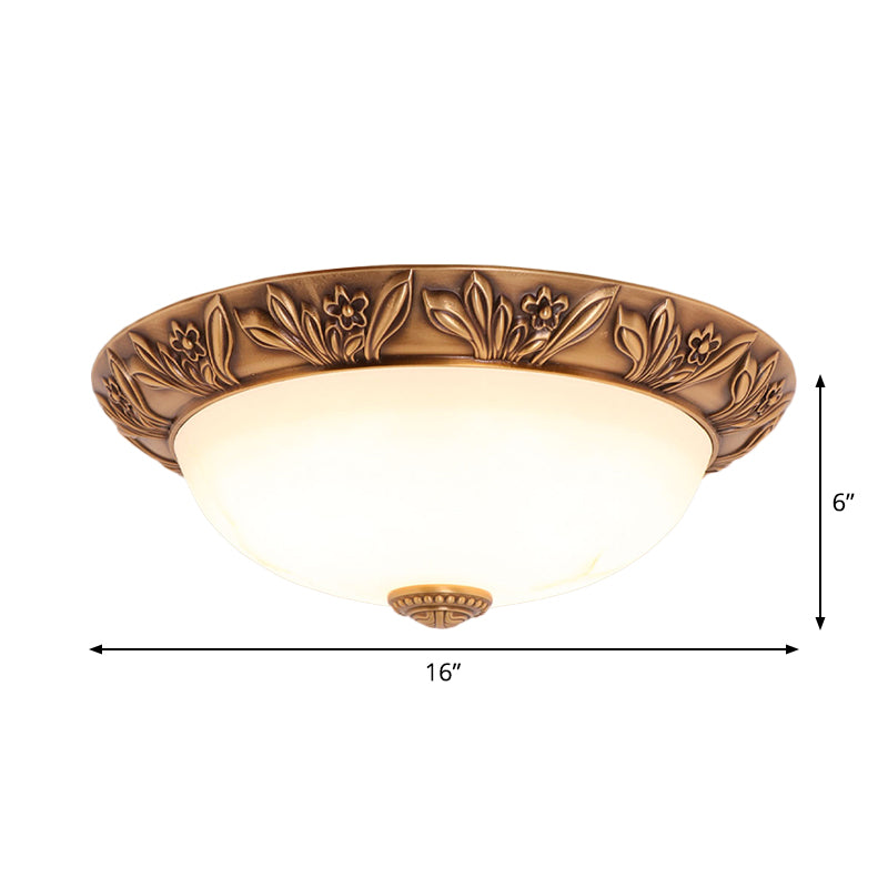 Cream Glass Bronze Flush Mount Light Flower/Leaf/Floral-Trimmed Bowl Traditional LED Ceiling Light Fixture, 12"/16" W Clearhalo 'Ceiling Lights' 'Close To Ceiling Lights' 'Close to ceiling' 'Flush mount' Lighting' 1972043