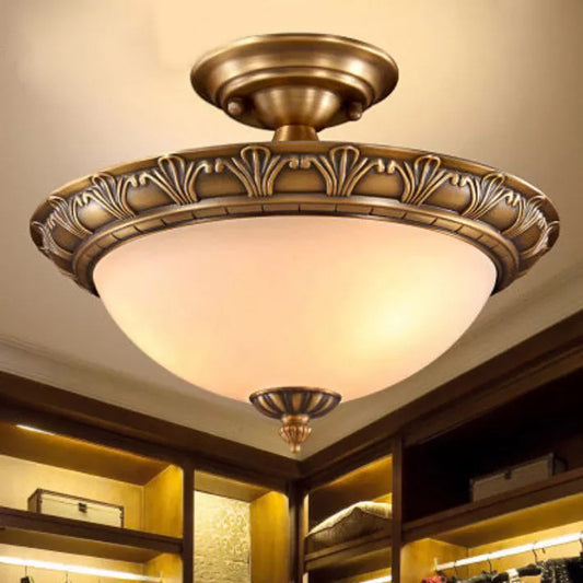 Small/Large Bowl Milk Glass Semi Flush Classic Bedroom LED Ceiling Light with Carved Cloud/Leaf/Flower Edge in Bronze Bronze Flower Clearhalo 'Ceiling Lights' 'Close To Ceiling Lights' 'Close to ceiling' 'Semi-flushmount' Lighting' 1972044