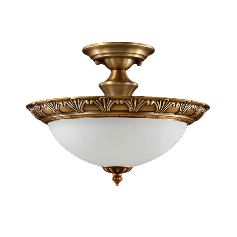 Small/Large Bowl Milk Glass Semi Flush Classic Bedroom LED Ceiling Light with Carved Cloud/Leaf/Flower Edge in Bronze Clearhalo 'Ceiling Lights' 'Close To Ceiling Lights' 'Close to ceiling' 'Semi-flushmount' Lighting' 1972045