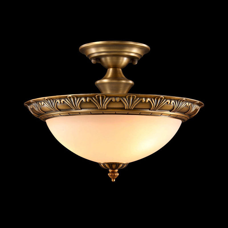 Small/Large Bowl Milk Glass Semi Flush Classic Bedroom LED Ceiling Light with Carved Cloud/Leaf/Flower Edge in Bronze Clearhalo 'Ceiling Lights' 'Close To Ceiling Lights' 'Close to ceiling' 'Semi-flushmount' Lighting' 1972046