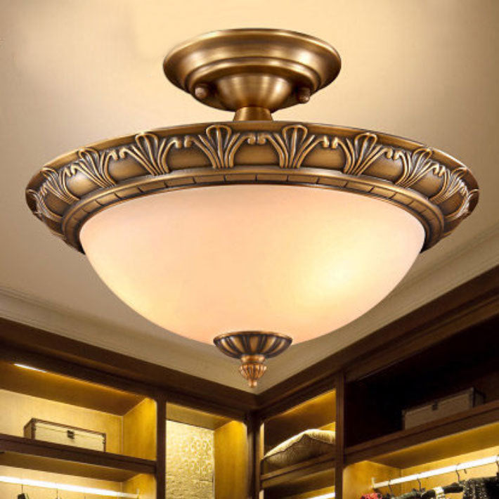 Small/Large Bowl Milk Glass Semi Flush Classic Bedroom LED Ceiling Light with Carved Cloud/Leaf/Flower Edge in Bronze Bronze Leaf Clearhalo 'Ceiling Lights' 'Close To Ceiling Lights' 'Close to ceiling' 'Semi-flushmount' Lighting' 1972047