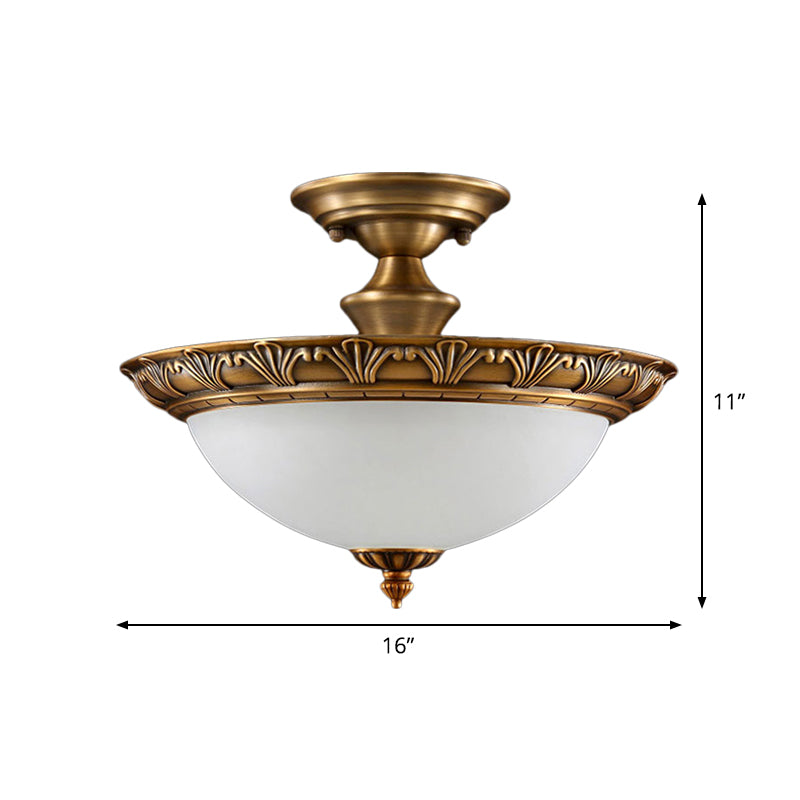 Small/Large Bowl Milk Glass Semi Flush Classic Bedroom LED Ceiling Light with Carved Cloud/Leaf/Flower Edge in Bronze Clearhalo 'Ceiling Lights' 'Close To Ceiling Lights' 'Close to ceiling' 'Semi-flushmount' Lighting' 1972048