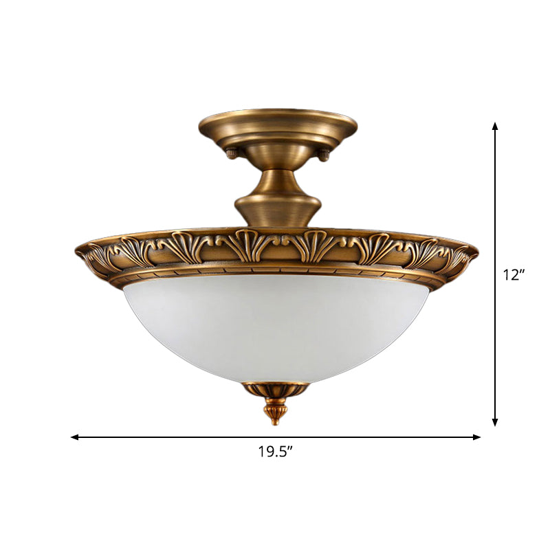 Small/Large Bowl Milk Glass Semi Flush Classic Bedroom LED Ceiling Light with Carved Cloud/Leaf/Flower Edge in Bronze Clearhalo 'Ceiling Lights' 'Close To Ceiling Lights' 'Close to ceiling' 'Semi-flushmount' Lighting' 1972049