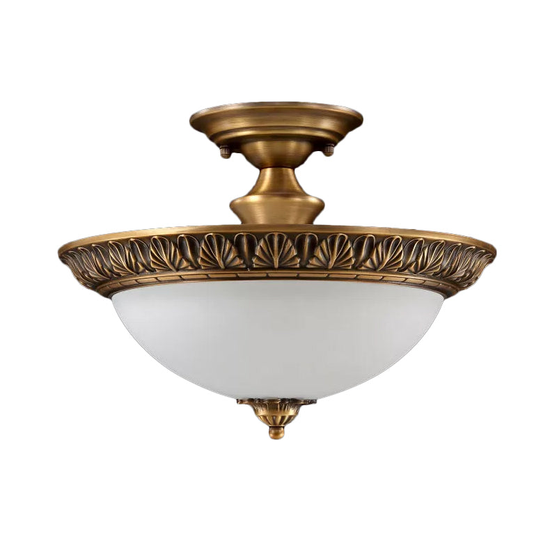 Small/Large Bowl Milk Glass Semi Flush Classic Bedroom LED Ceiling Light with Carved Cloud/Leaf/Flower Edge in Bronze Clearhalo 'Ceiling Lights' 'Close To Ceiling Lights' 'Close to ceiling' 'Semi-flushmount' Lighting' 1972051