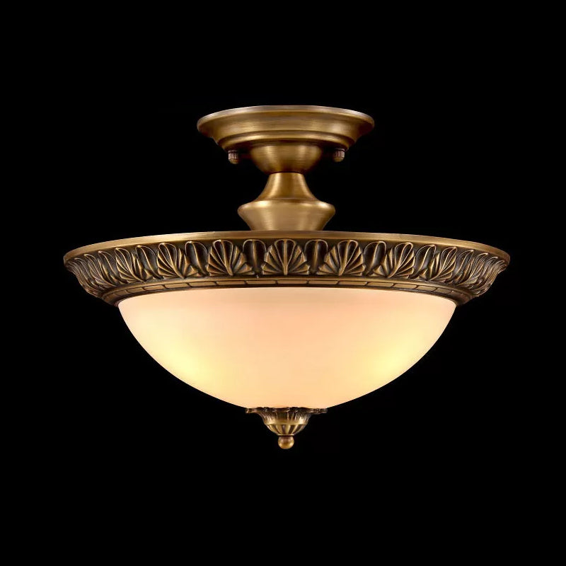 Small/Large Bowl Milk Glass Semi Flush Classic Bedroom LED Ceiling Light with Carved Cloud/Leaf/Flower Edge in Bronze Clearhalo 'Ceiling Lights' 'Close To Ceiling Lights' 'Close to ceiling' 'Semi-flushmount' Lighting' 1972052