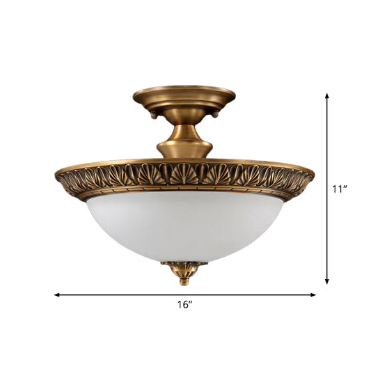 Small/Large Bowl Milk Glass Semi Flush Classic Bedroom LED Ceiling Light with Carved Cloud/Leaf/Flower Edge in Bronze Clearhalo 'Ceiling Lights' 'Close To Ceiling Lights' 'Close to ceiling' 'Semi-flushmount' Lighting' 1972053