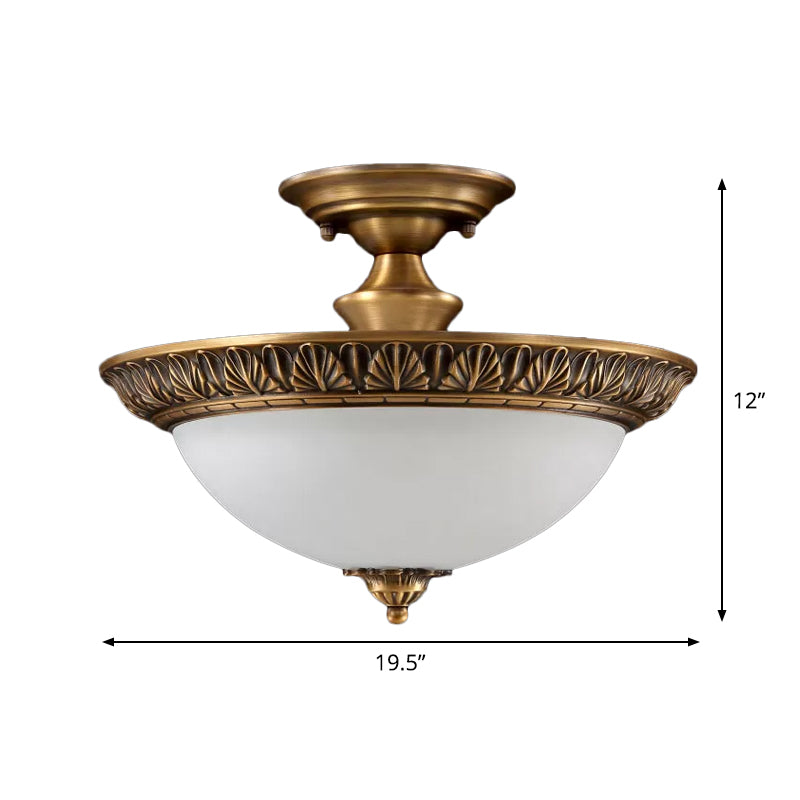 Small/Large Bowl Milk Glass Semi Flush Classic Bedroom LED Ceiling Light with Carved Cloud/Leaf/Flower Edge in Bronze Clearhalo 'Ceiling Lights' 'Close To Ceiling Lights' 'Close to ceiling' 'Semi-flushmount' Lighting' 1972054