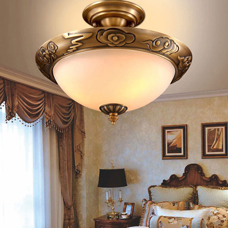 Small/Large Bowl Milk Glass Semi Flush Classic Bedroom LED Ceiling Light with Carved Cloud/Leaf/Flower Edge in Bronze Bronze Cloud Clearhalo 'Ceiling Lights' 'Close To Ceiling Lights' 'Close to ceiling' 'Semi-flushmount' Lighting' 1972055