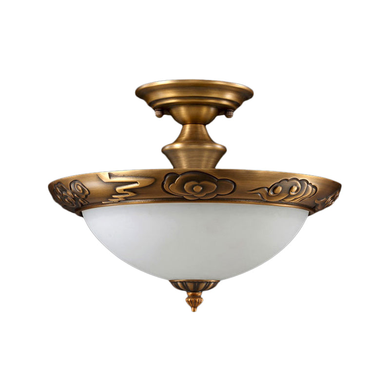 Small/Large Bowl Milk Glass Semi Flush Classic Bedroom LED Ceiling Light with Carved Cloud/Leaf/Flower Edge in Bronze Clearhalo 'Ceiling Lights' 'Close To Ceiling Lights' 'Close to ceiling' 'Semi-flushmount' Lighting' 1972056