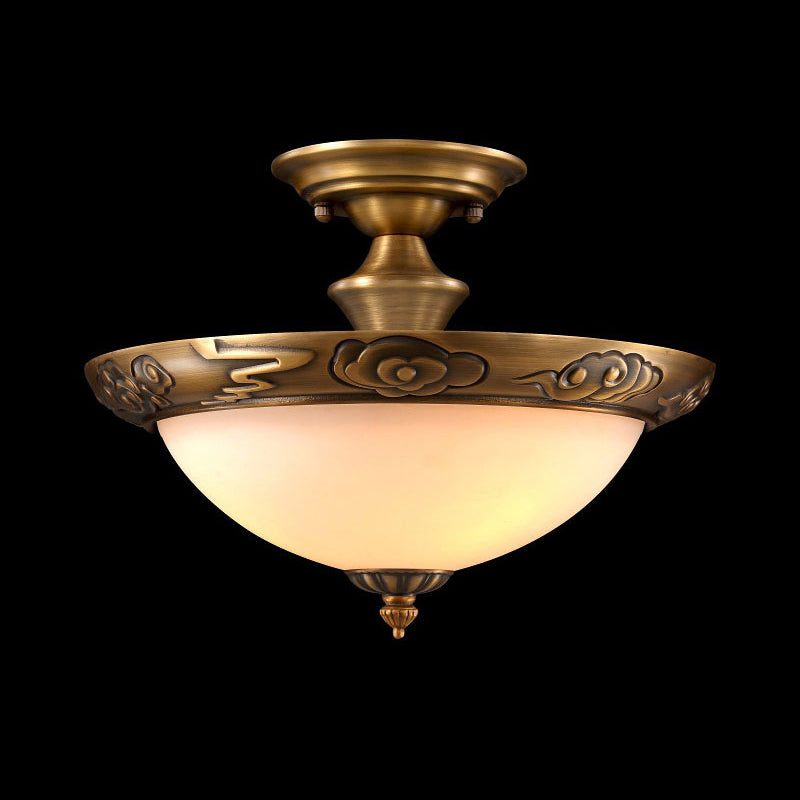 Small/Large Bowl Milk Glass Semi Flush Classic Bedroom LED Ceiling Light with Carved Cloud/Leaf/Flower Edge in Bronze Clearhalo 'Ceiling Lights' 'Close To Ceiling Lights' 'Close to ceiling' 'Semi-flushmount' Lighting' 1972057