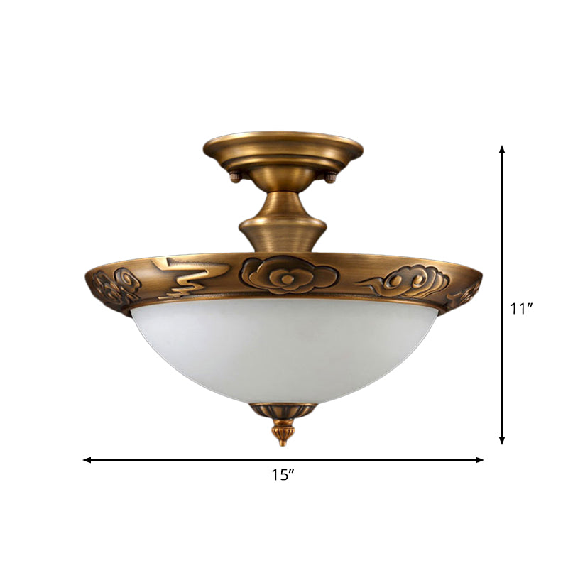 Small/Large Bowl Milk Glass Semi Flush Classic Bedroom LED Ceiling Light with Carved Cloud/Leaf/Flower Edge in Bronze Clearhalo 'Ceiling Lights' 'Close To Ceiling Lights' 'Close to ceiling' 'Semi-flushmount' Lighting' 1972058