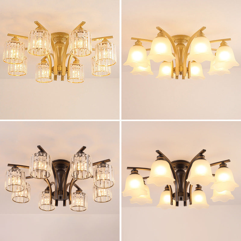 3/6 Heads Cylinder/Flower Ceiling Light Rural Black/Gold White Glass/Clear Crystal Semi Flush Chandelier for Dining Room 6 Black Clear Clearhalo 'Ceiling Lights' 'Close To Ceiling Lights' 'Close to ceiling' 'Semi-flushmount' Lighting' 1972060