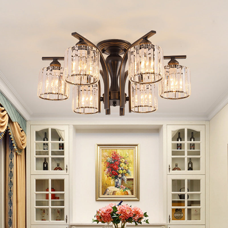 3/6 Heads Cylinder/Flower Ceiling Light Rural Black/Gold White Glass/Clear Crystal Semi Flush Chandelier for Dining Room Clearhalo 'Ceiling Lights' 'Close To Ceiling Lights' 'Close to ceiling' 'Semi-flushmount' Lighting' 1972061