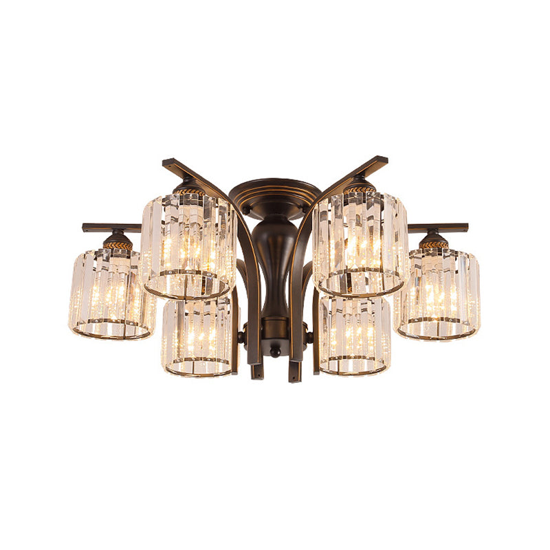 3/6 Heads Cylinder/Flower Ceiling Light Rural Black/Gold White Glass/Clear Crystal Semi Flush Chandelier for Dining Room Clearhalo 'Ceiling Lights' 'Close To Ceiling Lights' 'Close to ceiling' 'Semi-flushmount' Lighting' 1972062