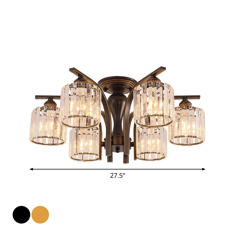 3/6 Heads Cylinder/Flower Ceiling Light Rural Black/Gold White Glass/Clear Crystal Semi Flush Chandelier for Dining Room Clearhalo 'Ceiling Lights' 'Close To Ceiling Lights' 'Close to ceiling' 'Semi-flushmount' Lighting' 1972063