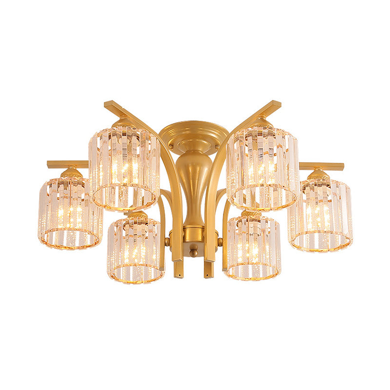 3/6 Heads Cylinder/Flower Ceiling Light Rural Black/Gold White Glass/Clear Crystal Semi Flush Chandelier for Dining Room 6 Gold Clear Clearhalo 'Ceiling Lights' 'Close To Ceiling Lights' 'Close to ceiling' 'Semi-flushmount' Lighting' 1972064