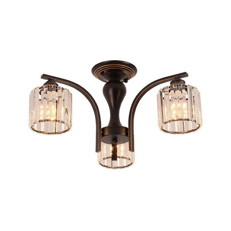 3/6 Heads Cylinder/Flower Ceiling Light Rural Black/Gold White Glass/Clear Crystal Semi Flush Chandelier for Dining Room 3 Black Clear Clearhalo 'Ceiling Lights' 'Close To Ceiling Lights' 'Close to ceiling' 'Semi-flushmount' Lighting' 1972065