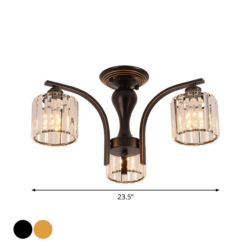 3/6 Heads Cylinder/Flower Ceiling Light Rural Black/Gold White Glass/Clear Crystal Semi Flush Chandelier for Dining Room Clearhalo 'Ceiling Lights' 'Close To Ceiling Lights' 'Close to ceiling' 'Semi-flushmount' Lighting' 1972066