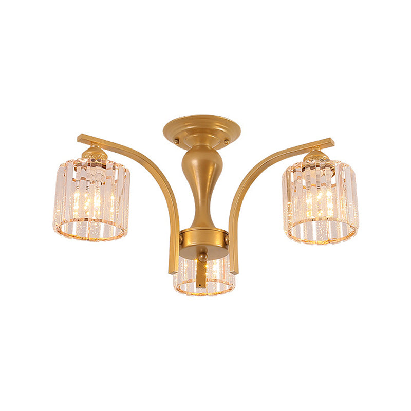 3/6 Heads Cylinder/Flower Ceiling Light Rural Black/Gold White Glass/Clear Crystal Semi Flush Chandelier for Dining Room 3 Gold Clear Clearhalo 'Ceiling Lights' 'Close To Ceiling Lights' 'Close to ceiling' 'Semi-flushmount' Lighting' 1972067