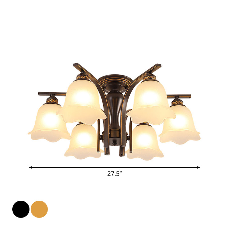 3/6 Heads Cylinder/Flower Ceiling Light Rural Black/Gold White Glass/Clear Crystal Semi Flush Chandelier for Dining Room Clearhalo 'Ceiling Lights' 'Close To Ceiling Lights' 'Close to ceiling' 'Semi-flushmount' Lighting' 1972069