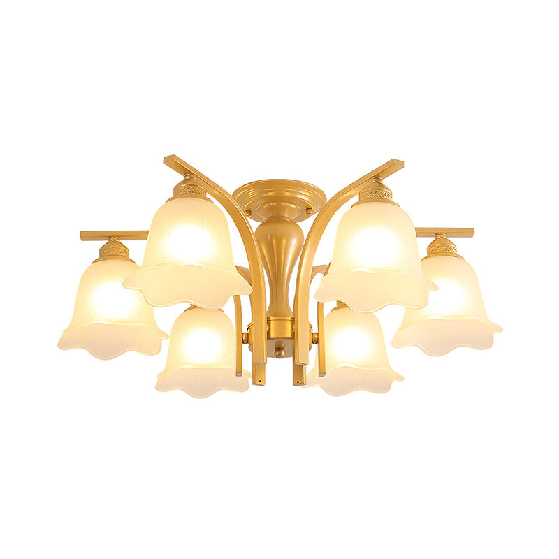 3/6 Heads Cylinder/Flower Ceiling Light Rural Black/Gold White Glass/Clear Crystal Semi Flush Chandelier for Dining Room 6 Gold White Clearhalo 'Ceiling Lights' 'Close To Ceiling Lights' 'Close to ceiling' 'Semi-flushmount' Lighting' 1972070