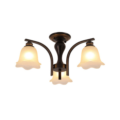 3/6 Heads Cylinder/Flower Ceiling Light Rural Black/Gold White Glass/Clear Crystal Semi Flush Chandelier for Dining Room 3 Black White Clearhalo 'Ceiling Lights' 'Close To Ceiling Lights' 'Close to ceiling' 'Semi-flushmount' Lighting' 1972071