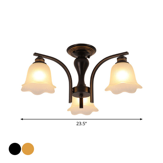 3/6 Heads Cylinder/Flower Ceiling Light Rural Black/Gold White Glass/Clear Crystal Semi Flush Chandelier for Dining Room Clearhalo 'Ceiling Lights' 'Close To Ceiling Lights' 'Close to ceiling' 'Semi-flushmount' Lighting' 1972072