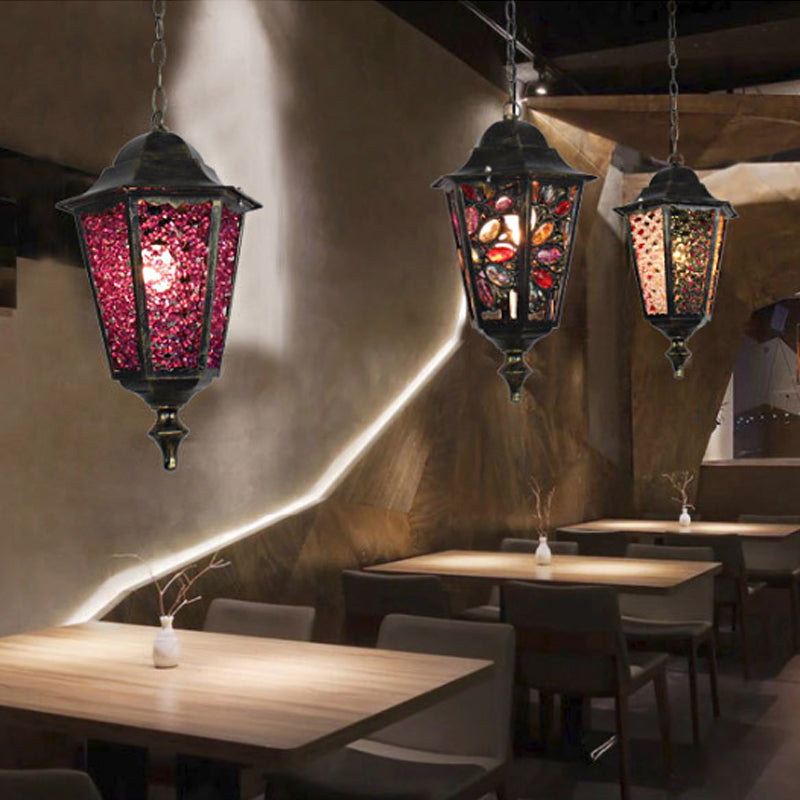 Turkish Flared/Lantern/Tapered Hanging Light 1-Light Stained Glass Pendulum Light in Black for Dining Room Black H Clearhalo 'Ceiling Lights' 'Pendant Lights' 'Pendants' Lighting' 1972105_4427fb38-d4ba-48c8-b3fc-d8c3cb92edd7