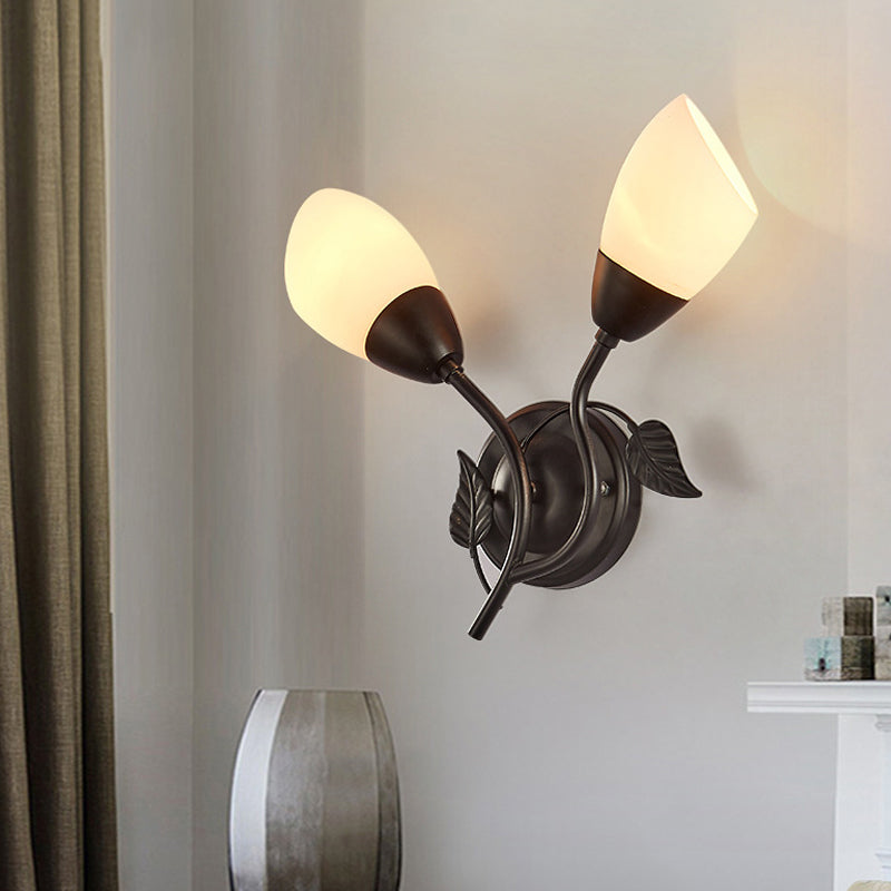 Rustic Tulip Wall Sconce Light 2 Bulbs Opal Frosted Glass Wall Mounted Lamp in Black/Gold for Bedroom Black B Clearhalo 'Wall Lamps & Sconces' 'Wall Lights' Lighting' 1972157