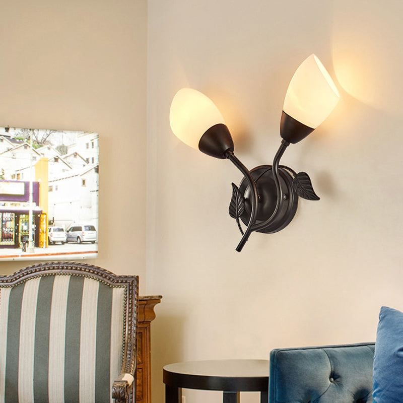 Rustic Tulip Wall Sconce Light 2 Bulbs Opal Frosted Glass Wall Mounted Lamp in Black/Gold for Bedroom Clearhalo 'Wall Lamps & Sconces' 'Wall Lights' Lighting' 1972159