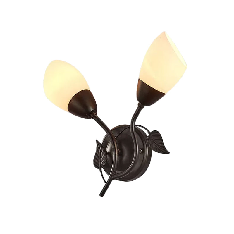 Rustic Tulip Wall Sconce Light 2 Bulbs Opal Frosted Glass Wall Mounted Lamp in Black/Gold for Bedroom Clearhalo 'Wall Lamps & Sconces' 'Wall Lights' Lighting' 1972160