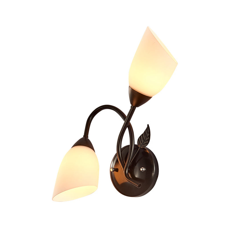 Rustic Tulip Wall Sconce Light 2 Bulbs Opal Frosted Glass Wall Mounted Lamp in Black/Gold for Bedroom Black A Clearhalo 'Wall Lamps & Sconces' 'Wall Lights' Lighting' 1972162