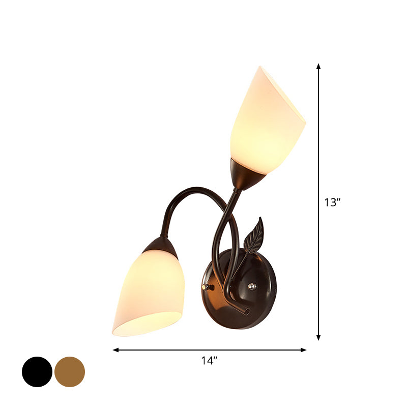 Rustic Tulip Wall Sconce Light 2 Bulbs Opal Frosted Glass Wall Mounted Lamp in Black/Gold for Bedroom Clearhalo 'Wall Lamps & Sconces' 'Wall Lights' Lighting' 1972164