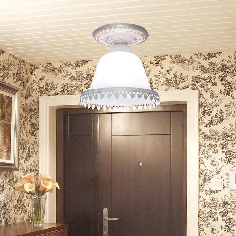 Opal Glass Bell Small Ceiling Lamp Farmhouse 1-Light Corridor Flush Mounted Light with Trim in White White Clearhalo 'Ceiling Lights' 'Close To Ceiling Lights' 'Close to ceiling' 'Flush mount' Lighting' 1972172