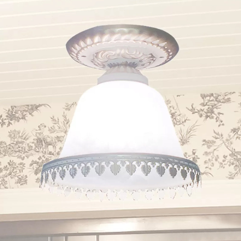 Opal Glass Bell Small Ceiling Lamp Farmhouse 1-Light Corridor Flush Mounted Light with Trim in White Clearhalo 'Ceiling Lights' 'Close To Ceiling Lights' 'Close to ceiling' 'Flush mount' Lighting' 1972173