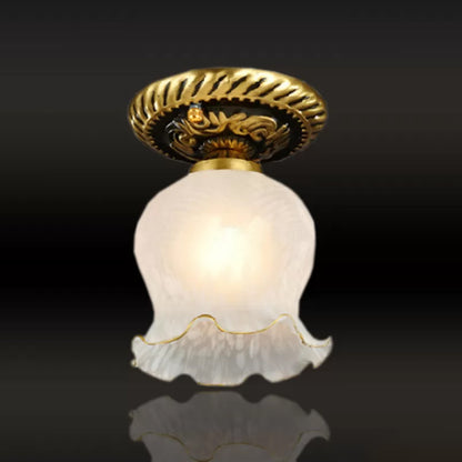 Single Floral Small Flushmount Rustic Brass Frosted White Glass Flush Mount Ceiling Light for Hallway White Clearhalo 'Ceiling Lights' 'Close To Ceiling Lights' 'Close to ceiling' 'Flush mount' Lighting' 1972177
