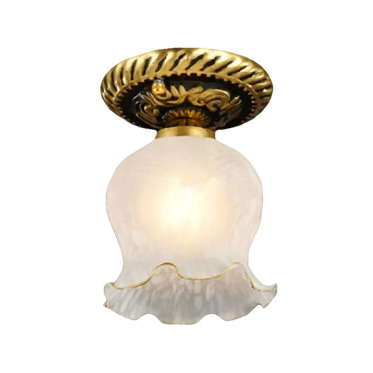 Single Floral Small Flushmount Rustic Brass Frosted White Glass Flush Mount Ceiling Light for Hallway Clearhalo 'Ceiling Lights' 'Close To Ceiling Lights' 'Close to ceiling' 'Flush mount' Lighting' 1972178