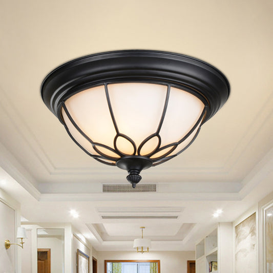 6"/7"/8.5" W Retro Hemisphere Flush Light Opal Frosted Glass LED Flush Mount Ceiling Lamp with Cage Guard in Black/Gold Black Clearhalo 'Ceiling Lights' 'Close To Ceiling Lights' 'Close to ceiling' 'Flush mount' Lighting' 1972192
