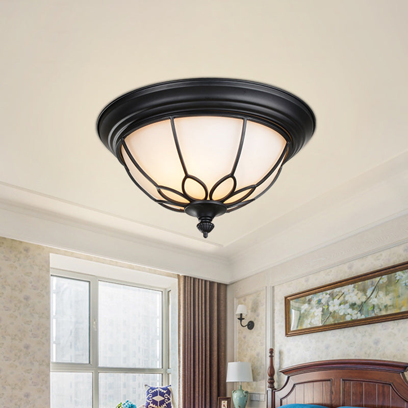 6"/7"/8.5" W Retro Hemisphere Flush Light Opal Frosted Glass LED Flush Mount Ceiling Lamp with Cage Guard in Black/Gold Clearhalo 'Ceiling Lights' 'Close To Ceiling Lights' 'Close to ceiling' 'Flush mount' Lighting' 1972194
