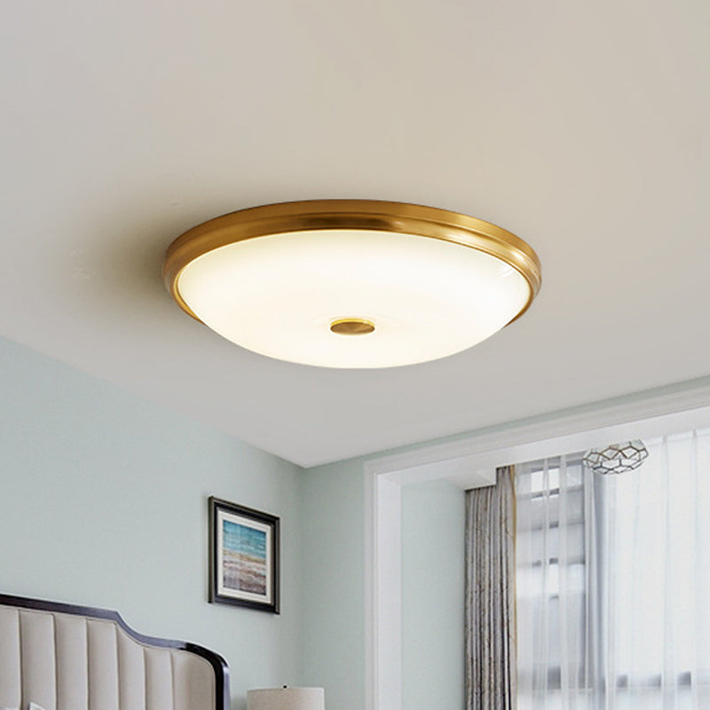 12.5"/16" Dia Antiqued Gold LED Flush Mount Simplicity White Glass Bowl/Round Ceiling Light for Bedroom Gold C Clearhalo 'Ceiling Lights' 'Close To Ceiling Lights' 'Close to ceiling' 'Flush mount' Lighting' 1972213