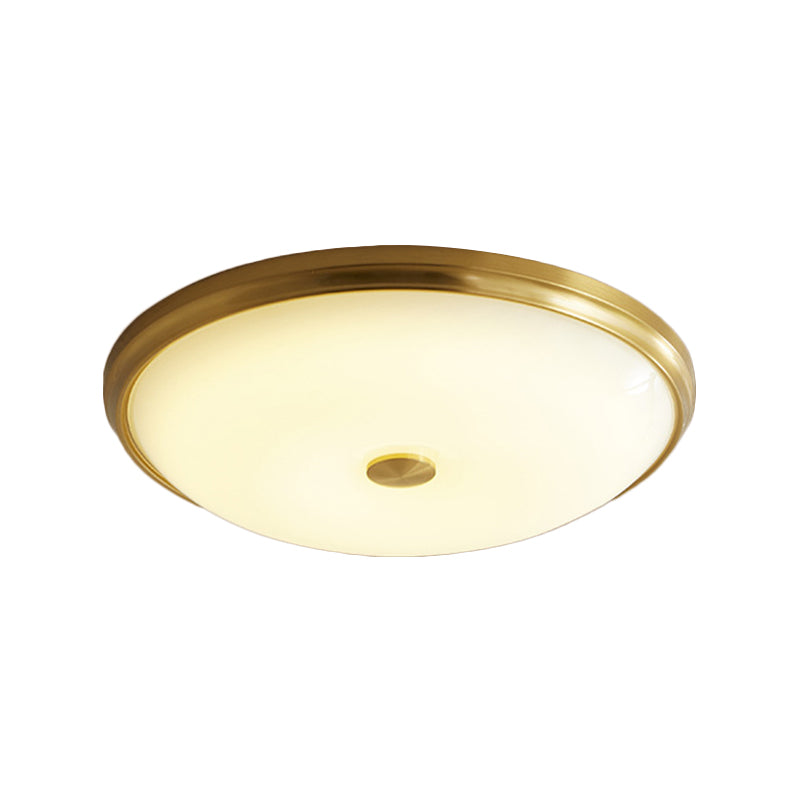 12.5"/16" Dia Antiqued Gold LED Flush Mount Simplicity White Glass Bowl/Round Ceiling Light for Bedroom Clearhalo 'Ceiling Lights' 'Close To Ceiling Lights' 'Close to ceiling' 'Flush mount' Lighting' 1972214