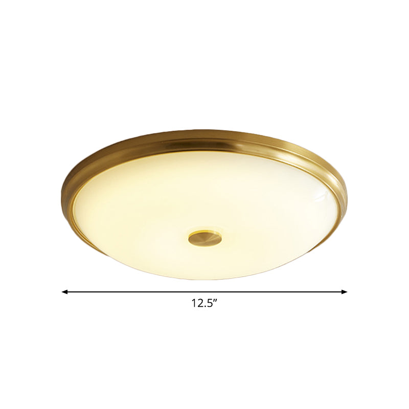 12.5"/16" Dia Antiqued Gold LED Flush Mount Simplicity White Glass Bowl/Round Ceiling Light for Bedroom Clearhalo 'Ceiling Lights' 'Close To Ceiling Lights' 'Close to ceiling' 'Flush mount' Lighting' 1972216