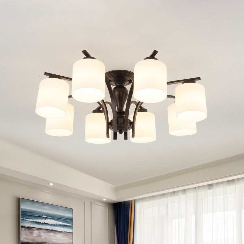 White Glass Cylinder Semi Mount Lighting Vintage 3/5/8-Light Living Room Flush Ceiling Light in Black 8 White Clearhalo 'Ceiling Lights' 'Close To Ceiling Lights' 'Close to ceiling' 'Semi-flushmount' Lighting' 1972218