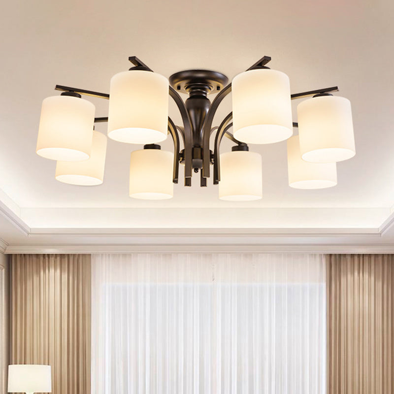 White Glass Cylinder Semi Mount Lighting Vintage 3/5/8-Light Living Room Flush Ceiling Light in Black Clearhalo 'Ceiling Lights' 'Close To Ceiling Lights' 'Close to ceiling' 'Semi-flushmount' Lighting' 1972219