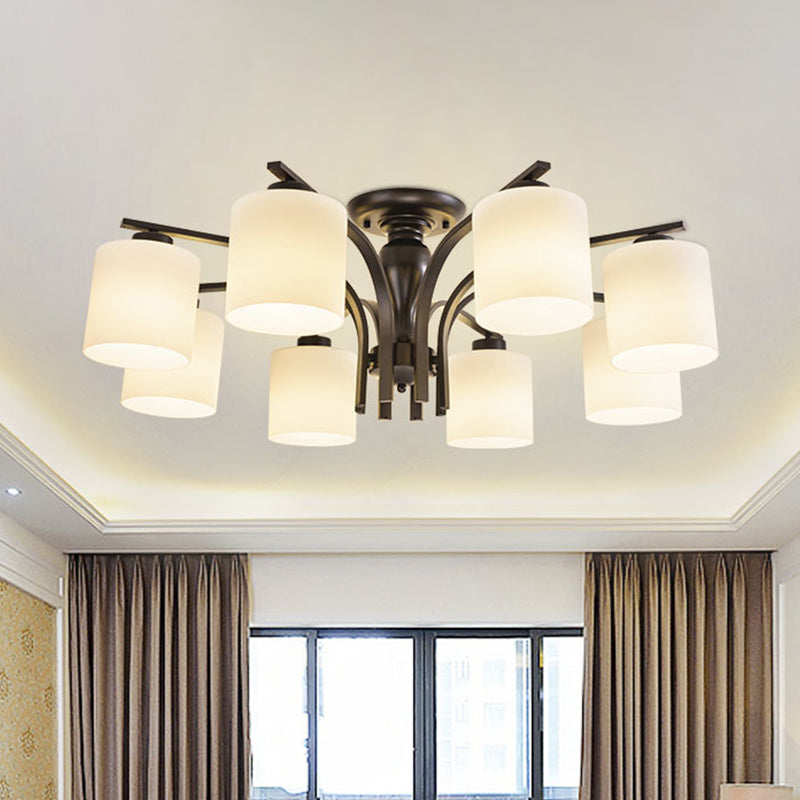 White Glass Cylinder Semi Mount Lighting Vintage 3/5/8-Light Living Room Flush Ceiling Light in Black Clearhalo 'Ceiling Lights' 'Close To Ceiling Lights' 'Close to ceiling' 'Semi-flushmount' Lighting' 1972220