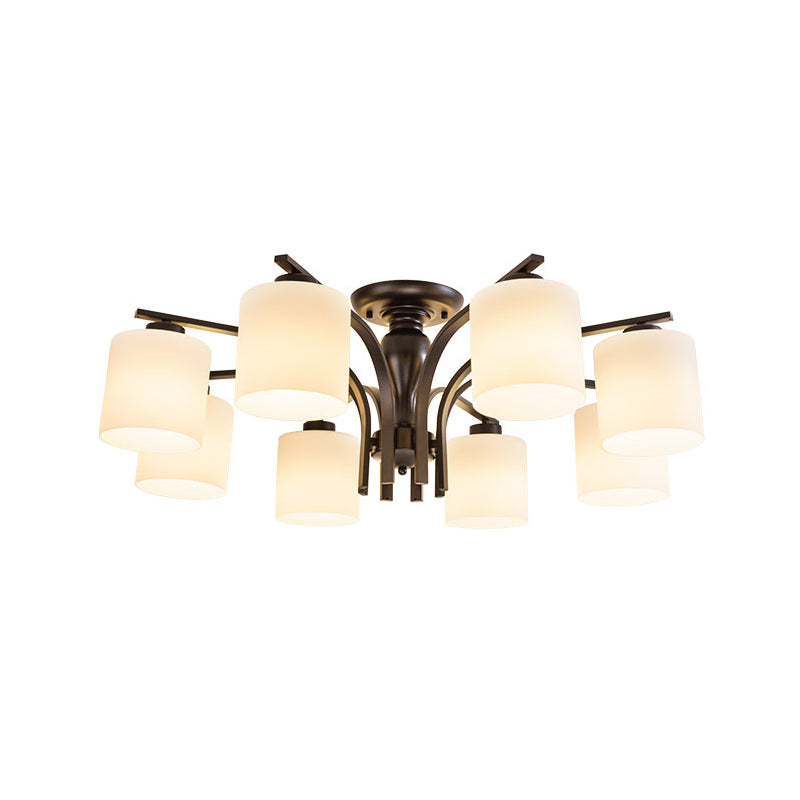 White Glass Cylinder Semi Mount Lighting Vintage 3/5/8-Light Living Room Flush Ceiling Light in Black Clearhalo 'Ceiling Lights' 'Close To Ceiling Lights' 'Close to ceiling' 'Semi-flushmount' Lighting' 1972221