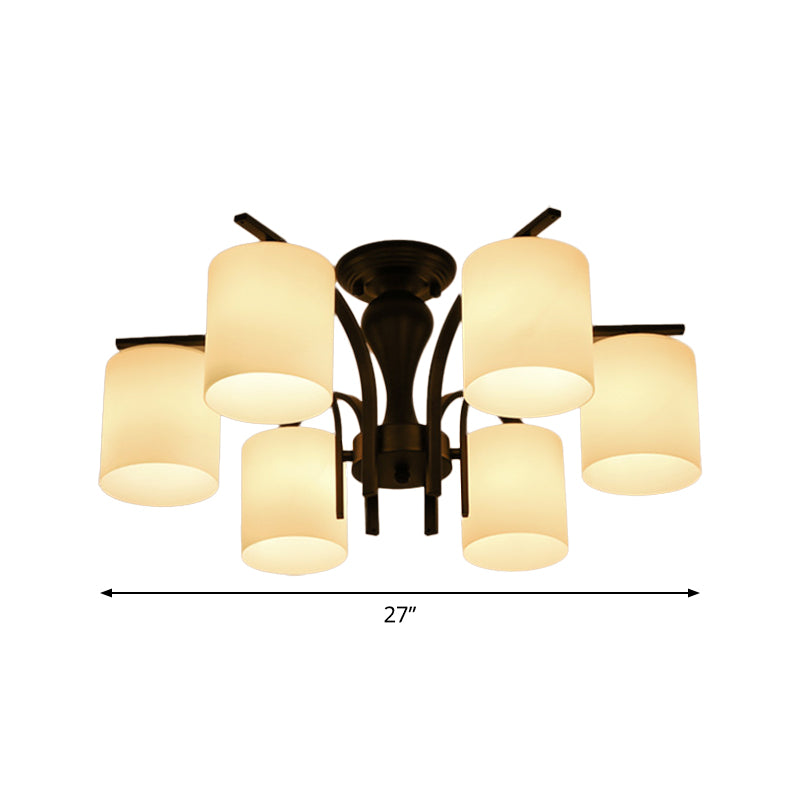 White Glass Cylinder Semi Mount Lighting Vintage 3/5/8-Light Living Room Flush Ceiling Light in Black Clearhalo 'Ceiling Lights' 'Close To Ceiling Lights' 'Close to ceiling' 'Semi-flushmount' Lighting' 1972226